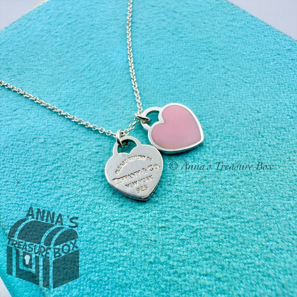 Tiffany & Co. 925 Silver Mini Pink Enamel RTT Hearts 16” Necklace (pouch)