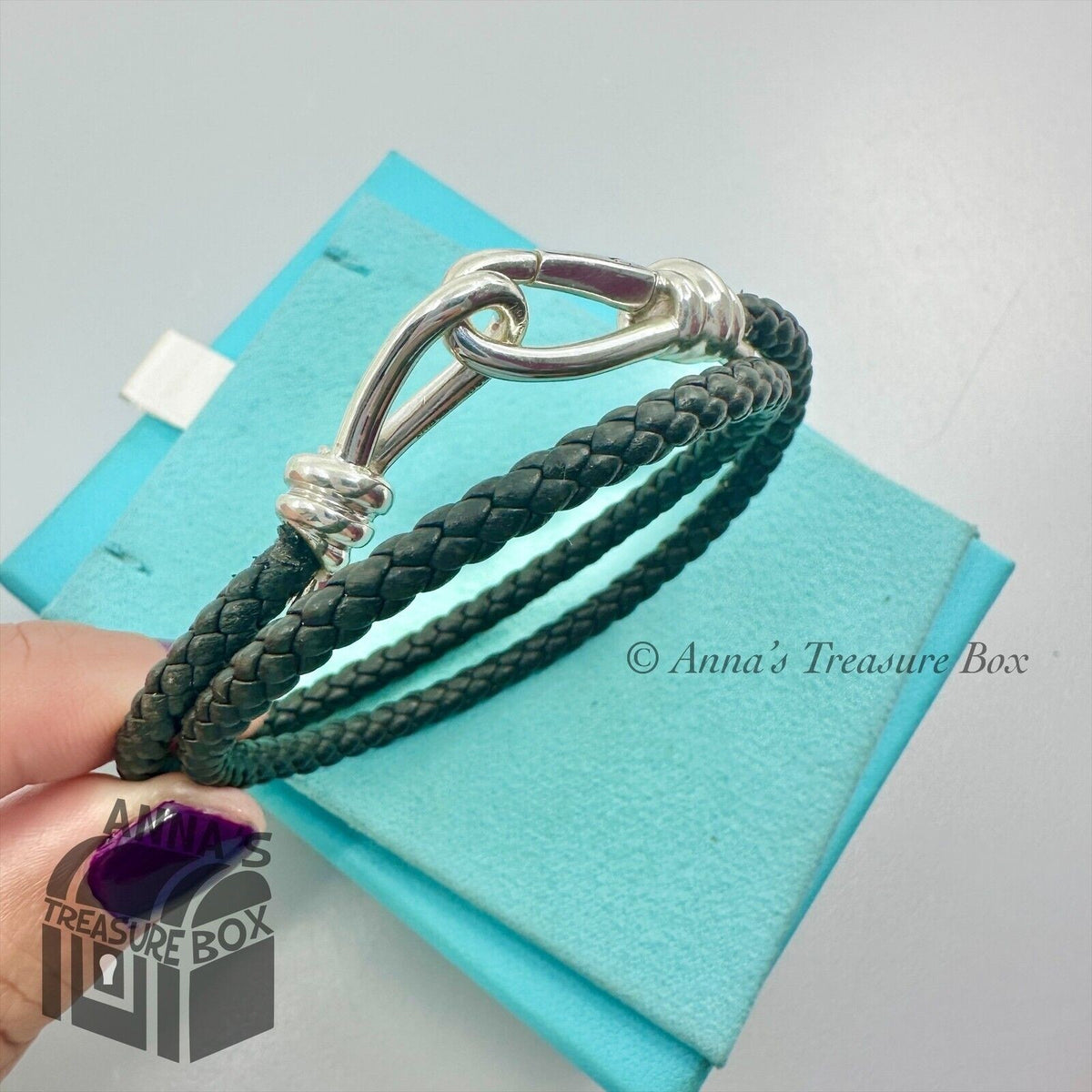 Tiffany & Co. 925 Silver Picasso Black Braid Leather Double Wrap 7
