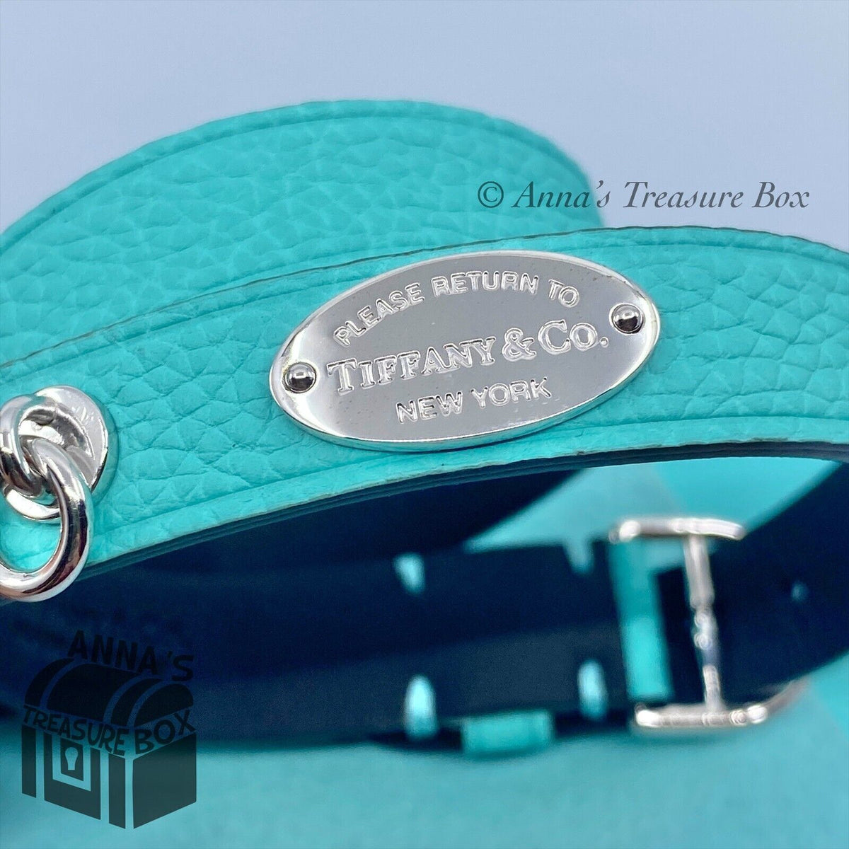 Tiffany & Co. 925 Silver Blue Leather Double Wrap Bracelet S-M