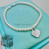 Tiffany & Co. 925 Silver RTT Heart Tag 4mm Pearl 6.75" Bracelet (pouch)