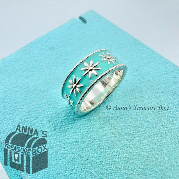 Tiffany & Co. 925 Silver Blue Enamel Daisy Sz. 5.75 Band Ring (bx, pch. rbbn)