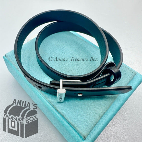 Tiffany & Co. 925 Silver Makers MED Black Calfskin Leather Double Wrap Bracelet