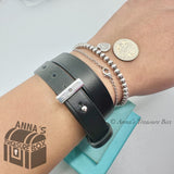 Tiffany & Co. 925 Silver Makers MED Black Calfskin Leather Double Wrap Bracelet