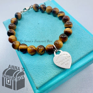 Tiffany & Co. 925 Silver 8mm Tiger Eye Small RTT Heart 7.25" Bracelet (pouch)