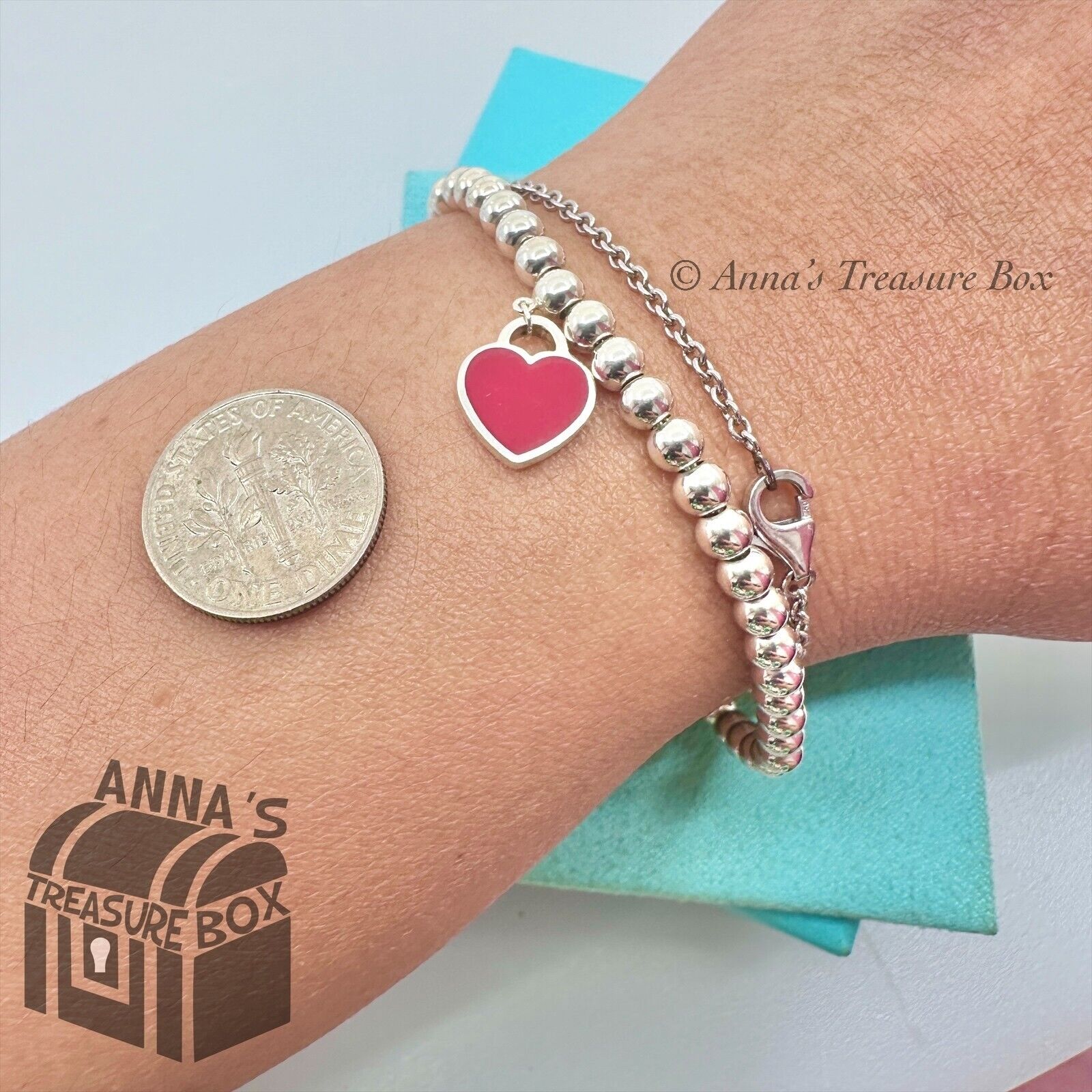 Tiffany 925 Silver Red Enamel Mini RTT Diamond Bracelet