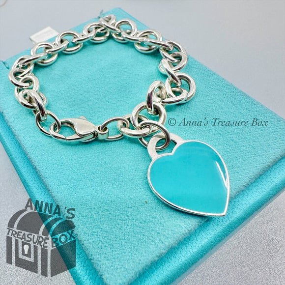 Return To Tiffany & Co. Silver 925 Blue Enamel RTT Heart 7.75