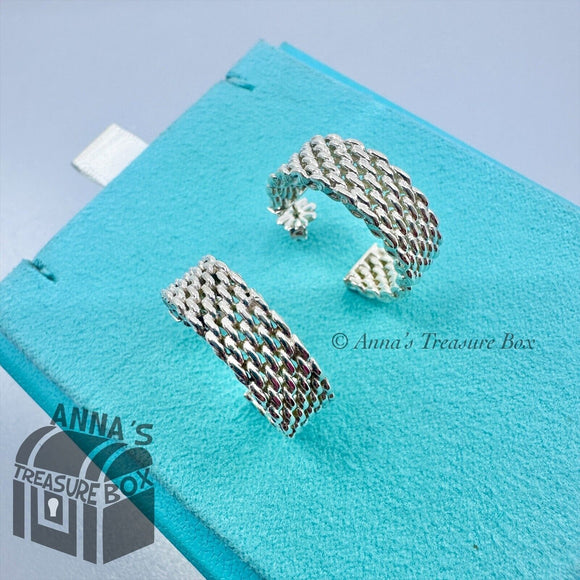 Tiffany & Co. 925 Silver Small Somerset Mesh Hoop Huggie Earrings (pouch)