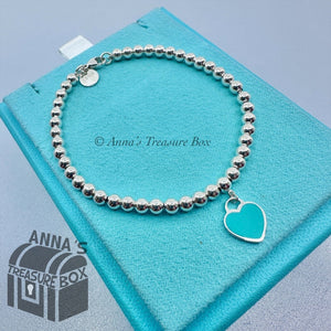 Tiffany & Co. 925 Silver 4mm Bead Blue Mini Dangle RTT Heart 7" Bracelet (pouch)