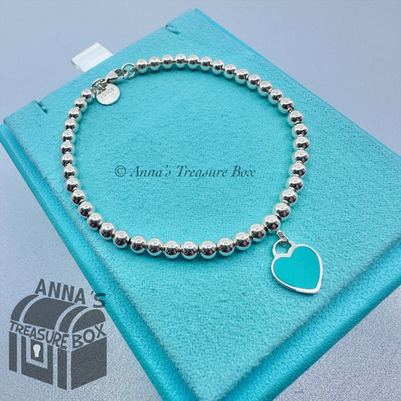 Tiffany & Co. 925 Silver 4mm Bead Blue Mini Dangle RTT Heart 7