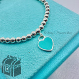 Tiffany & Co. 925 Silver 4mm Bead Blue Mini Dangle RTT Heart 7" Bracelet (pouch)