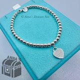 Tiffany & Co. 925 Silver 4mm Bead Blue Mini Dangle RTT Heart 7" Bracelet (pouch)