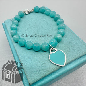 Tiffany & Co. 925 Silver 8mm Amazonite Blue Heart 7" Bracelet (pouch)