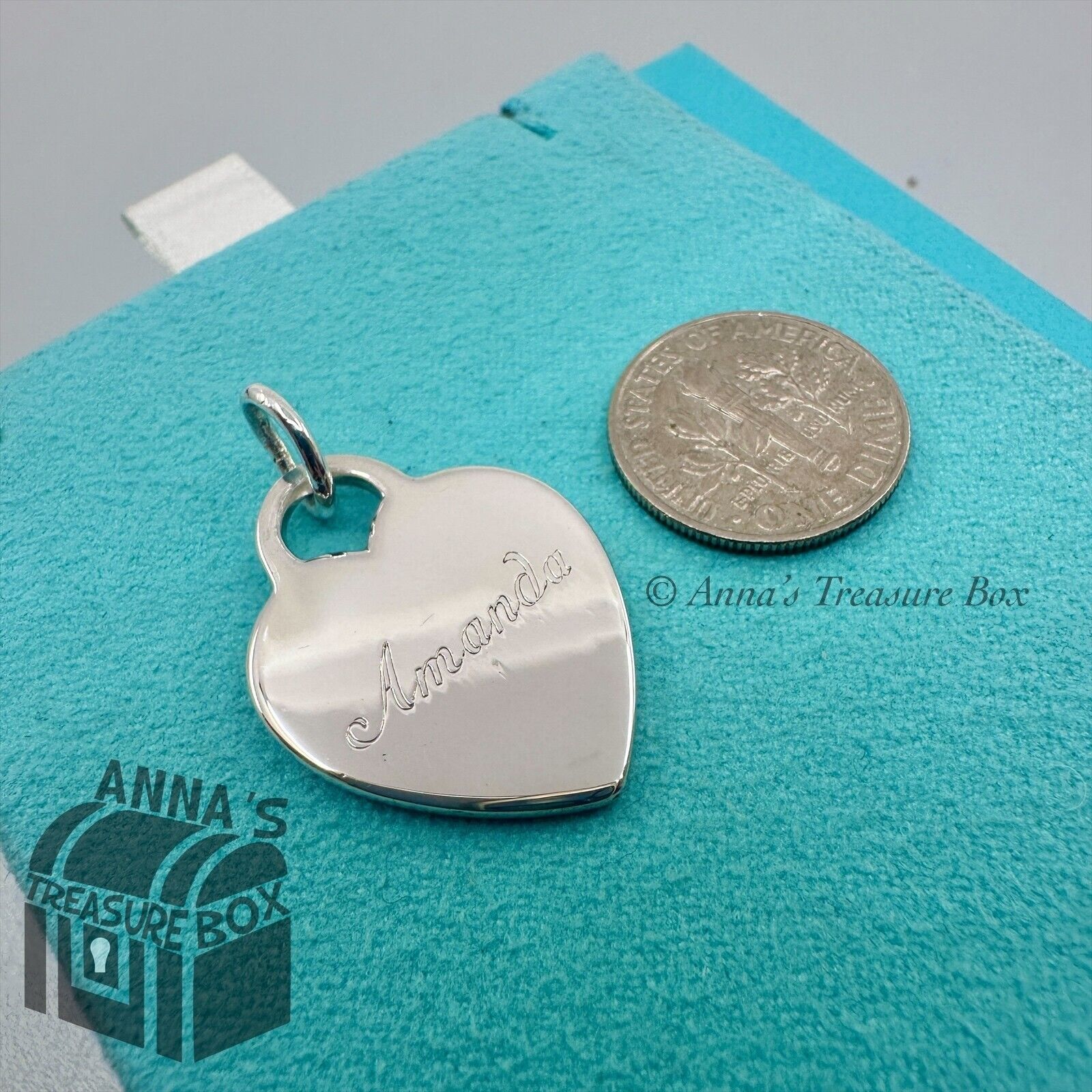 Tiffany & Co. 925 Silver Engraved AMANDA Heart Tag Charm Pendant