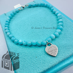 Tiffany & Co. 925 Silver Mini RTT Heart 4mm Amazonite 7.25" Bracelet (pouch)