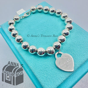 Tiffany & Co. 925 Silver 8mm Bead Ball RTT Heart Tag 7" Bracelet (bx, pch, rbn)