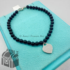 Tiffany & Co. 925 Silver 4mm Black Onyx Mini RTT Heart 7" Bracelet (pouch)