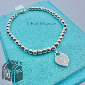 Tiffany & Co. 925 Silver 4mm Bead Mini Dangle RTT Heart 6.5" Bracelet (pouch)