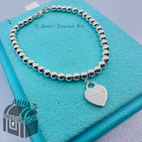 Tiffany & Co. 925 Silver 4mm Bead Mini Dangle RTT Heart 6.5" Bracelet (pouch)