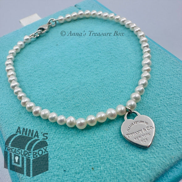 Tiffany & Co. 925 Silver RTT Heart Tag 3mm Pearl 6.75