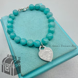 Tiffany & Co. 925 Silver 8mm Amazonite Blue Heart 7.25" Bracelet (pouch)