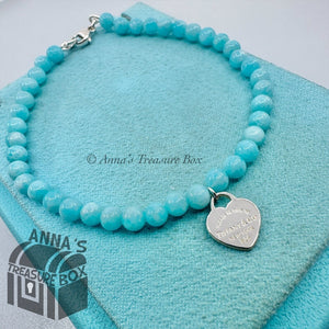 Tiffany & Co. 925 Silver Mini RTT Heart 4mm Amazonite 7.5" Bracelet (pouch)