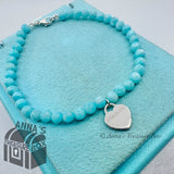 Tiffany & Co. 925 Silver Mini RTT Heart 4mm Amazonite 7.5" Bracelet (pouch)