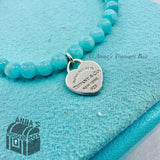 Tiffany & Co. 925 Silver Mini RTT Heart 4mm Amazonite 6.75" Bracelet (pouch)