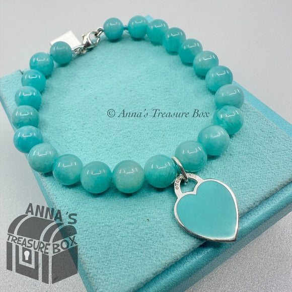 Tiffany & Co. 925 Silver 8mm Amazonite Blue Heart 7.25