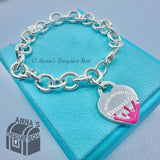 Tiffany & Co. 925 Silver Pink Enamel Splash RTT Heart Tag 8" Bracelet (pouch)