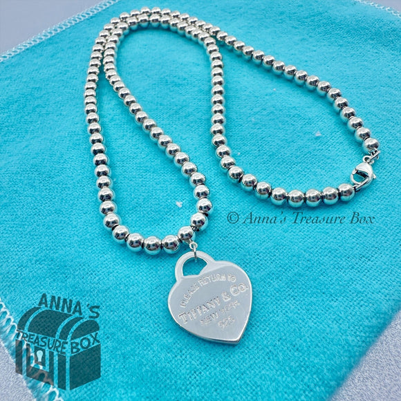 Return To Tiffany & Co. 925 Silver SMALL Heart Tag 4mm Beaded Necklace 16
