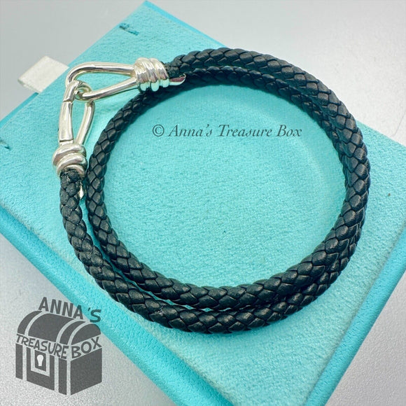 Tiffany & Co. 925 Silver Picasso Black Braid Leather Double Wrap 7