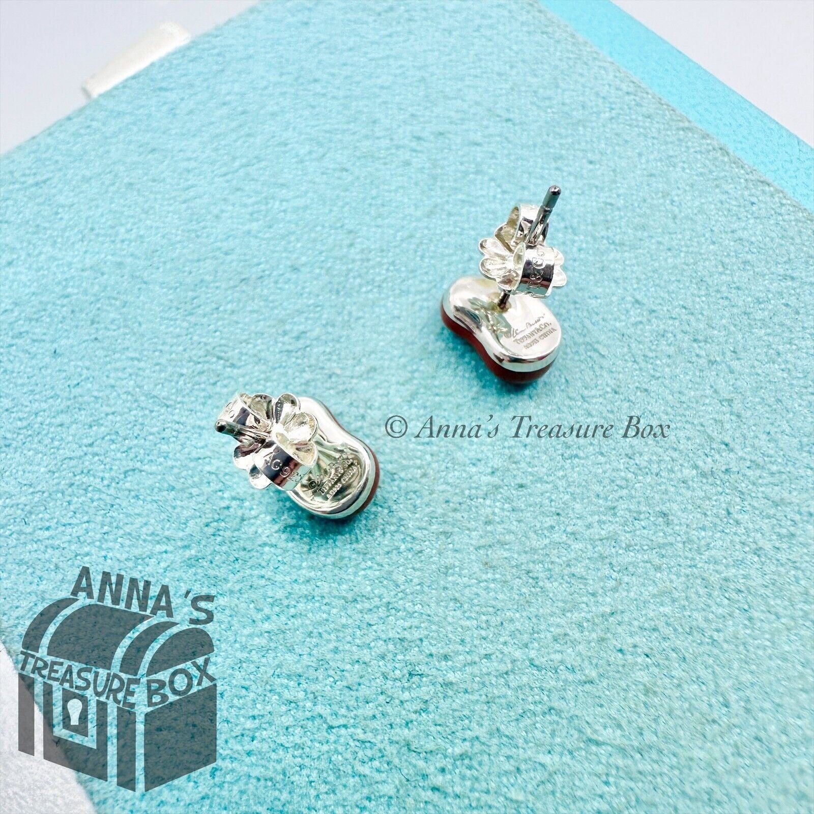 Tiffany & Co. 925 Silver Elsa Peretti 9mm Red Jasper Bean Earrings
