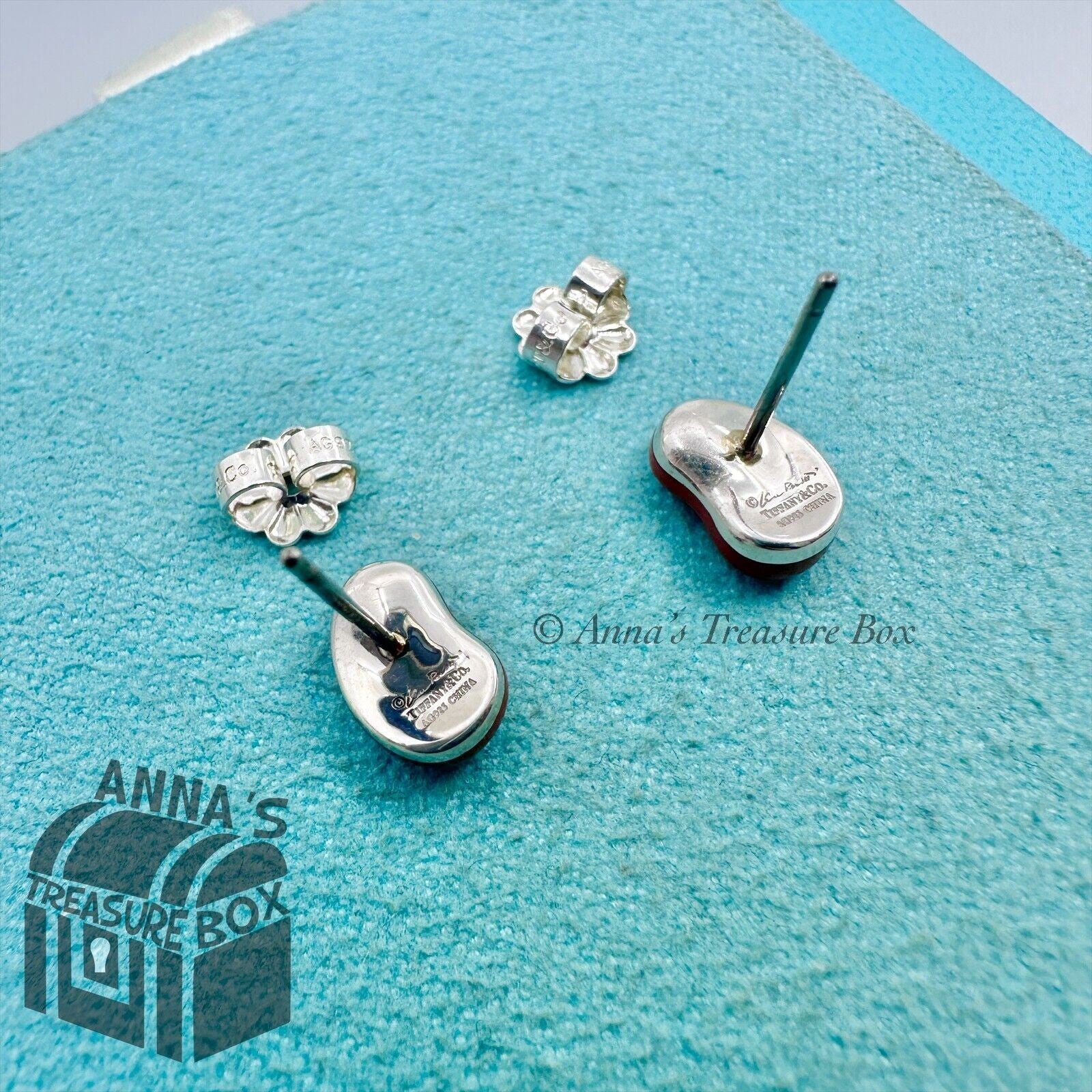 Tiffany & Co. 925 Silver Elsa Peretti 9mm Red Jasper Bean Earrings