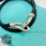Tiffany & Co. 925 Silver Picasso Black Braid Leather Double Wrap 7" Bracelet