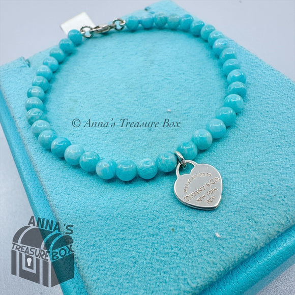 Tiffany & Co. 925 Silver Mini RTT Heart 4mm Amazonite 6.75