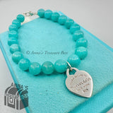 Tiffany & Co. 925 Silver 8mm Amazonite Blue Heart 7.5" Bracelet (pouch)