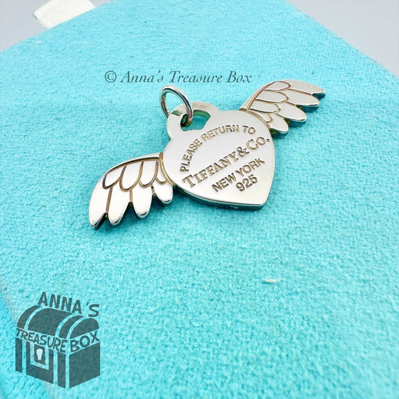 Return To Tiffany & Co. 925 Silver Angel  Wings Heart Charm Pendant (box, pouch)