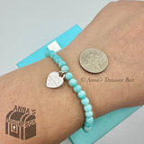 Tiffany & Co. 925 Silver Mini RTT Heart 4mm Amazonite 7.5" Bracelet (pouch)