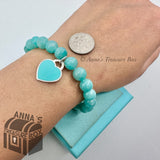 Tiffany & Co. 925 Silver 8mm Amazonite Blue Heart 7.25" Bracelet (pouch)