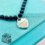 Return To Tiffany & Co. 925 Silver 4mm Black Onyx Mini Heart 7" Bracelet (pouch)