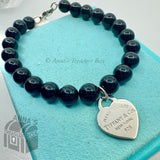 Tiffany & Co. 925 Silver RTT Heart Tag 8mm Black Onyx 7.75" Bracelet #2 (box)