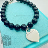 Tiffany & Co. 925 Silver RTT Heart Tag 8mm Black Onyx 7.75" Bracelet #2 (box)