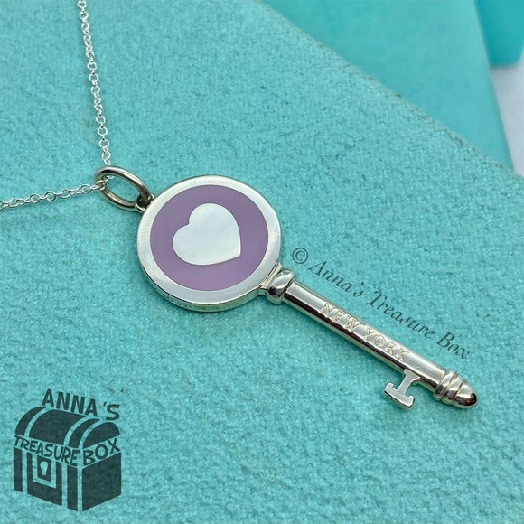 Tiffany & Co. 925 Silver Lavender/purple Enamel Key Pendant 18” Necklace (pouch)