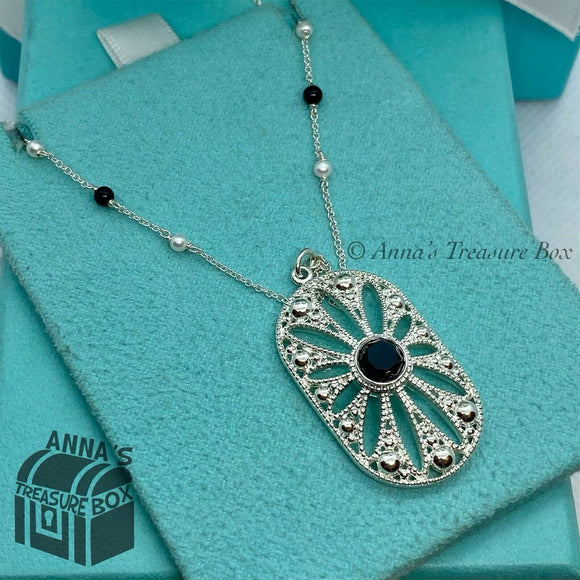 Tiffany & Co. 925 Silver Ziegfeld Black Onyx Pearl Daisy 24” Necklace (pouch)