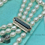 Tiffany & Co. 925 Silver Ziegfeld 4 Row Pearl Black Onyx 7.75” Bracelet (Box)