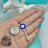 Tiffany & Co. 925 Silver Navy Enamel Heart Key Pendant With 16” Necklace (pouch)