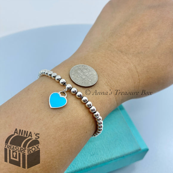 Tiffany & Co. Blue Enamel Mini Heart RTT 6.5” Beaded Bracelet (Pouch)