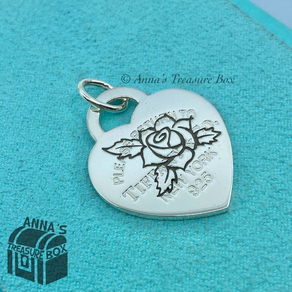 Tiffany & Co. 925 Silver LARGE Heart Rose Etch RTT Charm Pendant (Bx, Pch, Rbn)