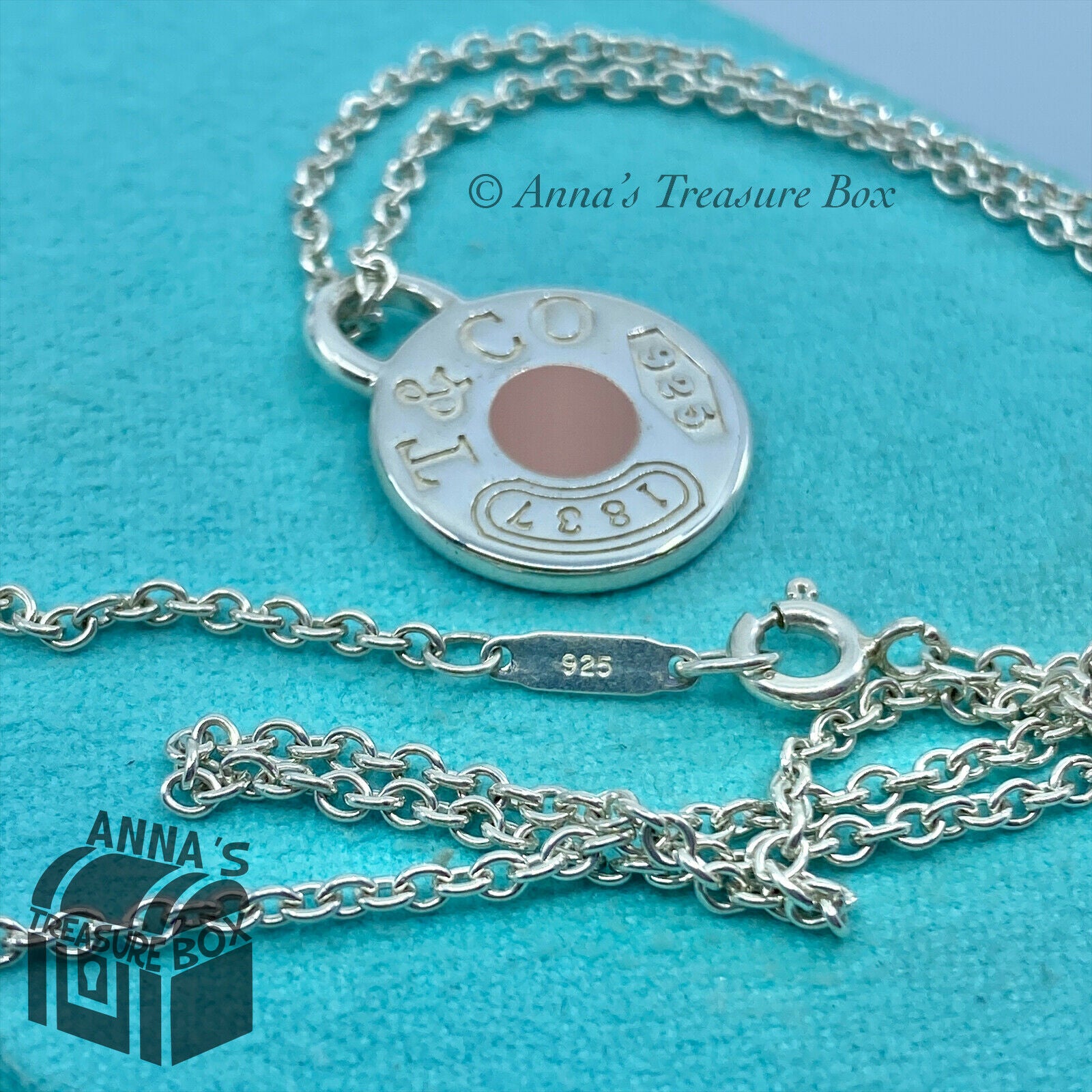 Tiffany & Co. 925 Silver Pink Enamel 1837 Round Pendant 18