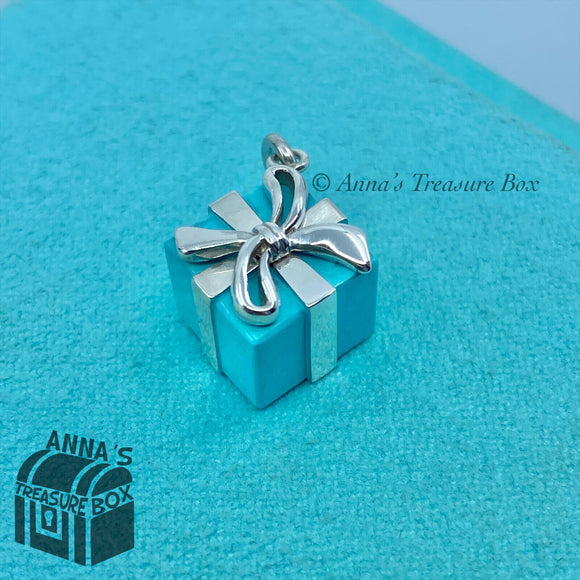 Tiffany & Co. 925 Silver Blue Enamel Gift Box Charm Pendant (Box, Pouch, Ribbon)